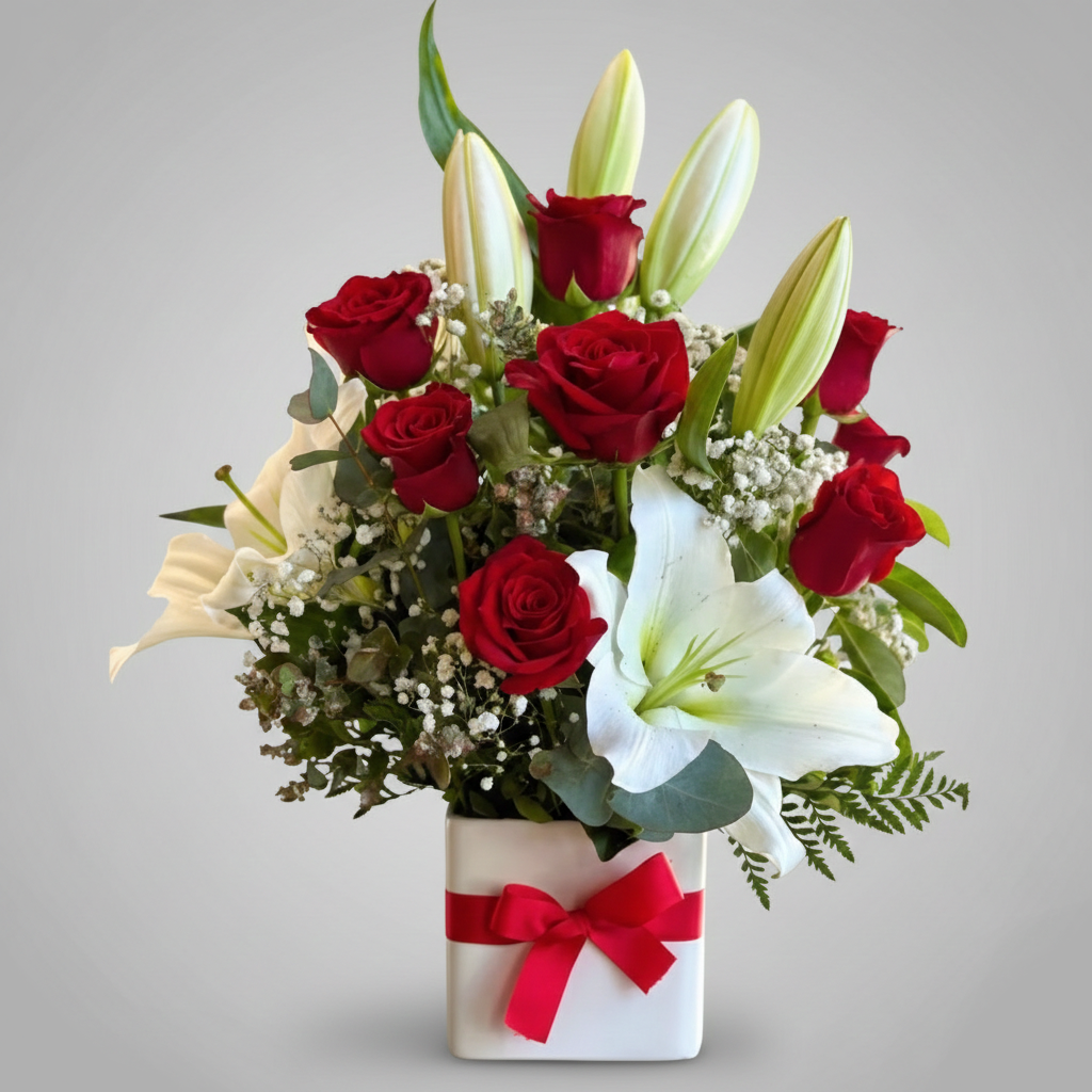 Midnight Romance: Red Roses & White Lilies