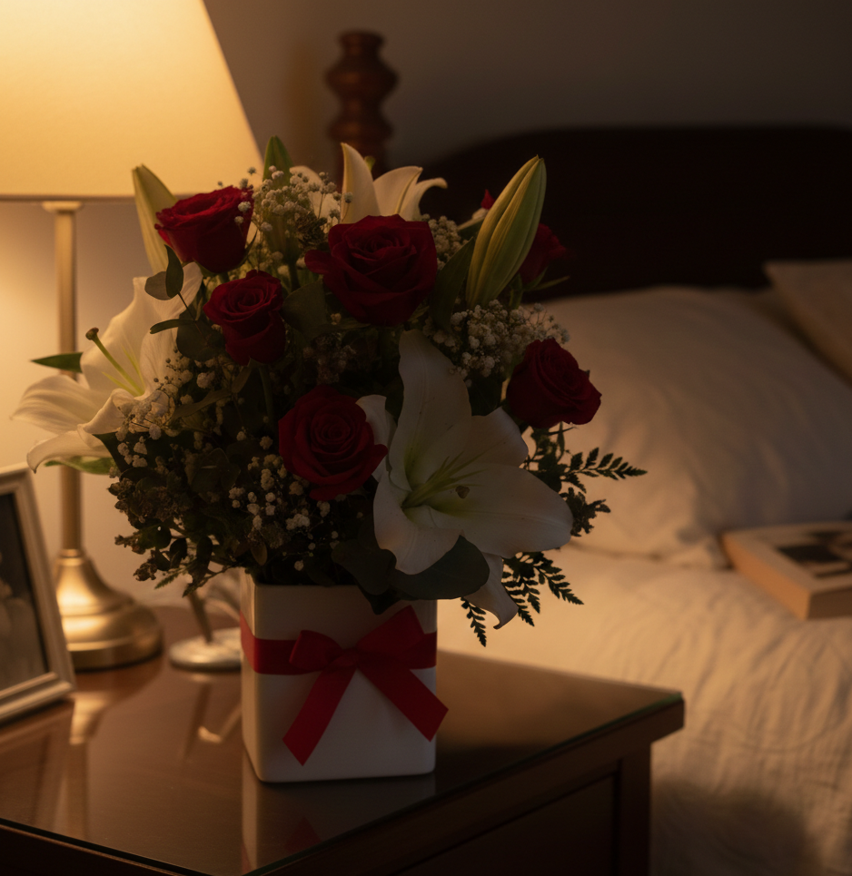Midnight Romance: Red Roses & White Lilies